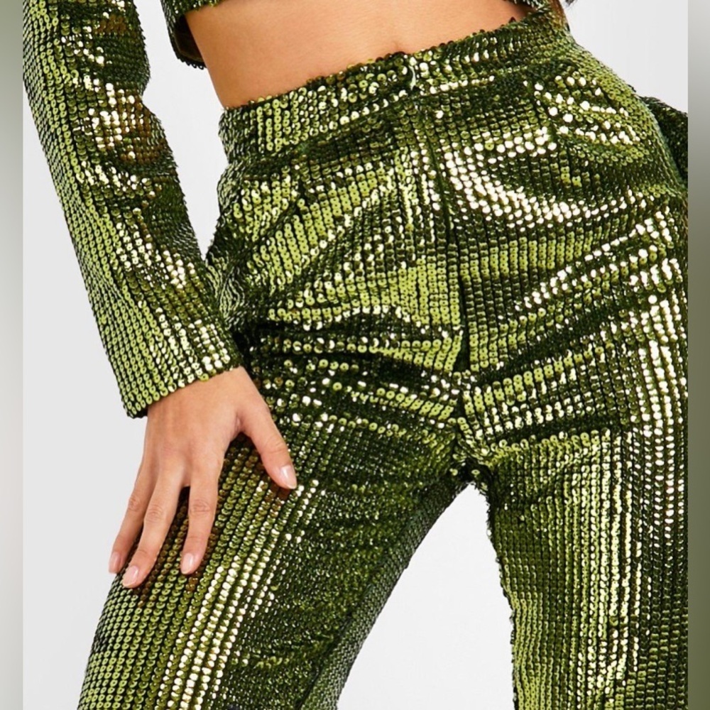 Boohoo - NEW - TALL SEQUIN HIGH WAIST PANTS. Size US 12. COLOR: OLIVE - Picture 3 of 6